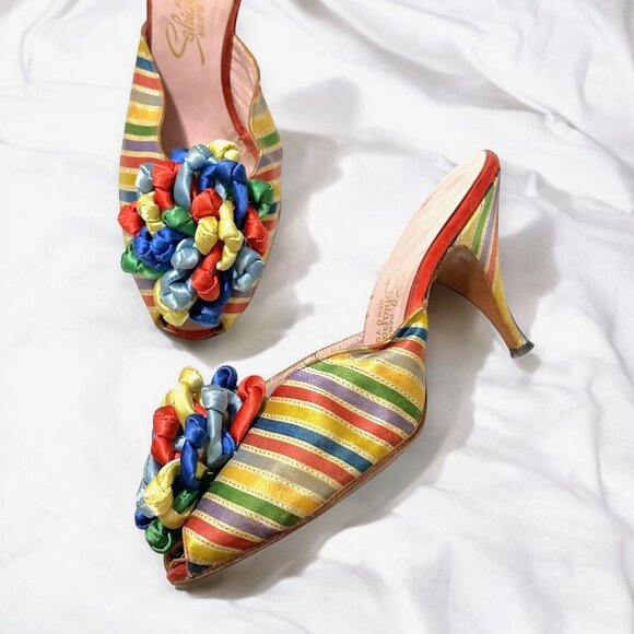 Vintage Schiaparelli Rainbow Satin Heels –1950s 60s Mules with Ribbon Rosette, - Picture 3 of 16